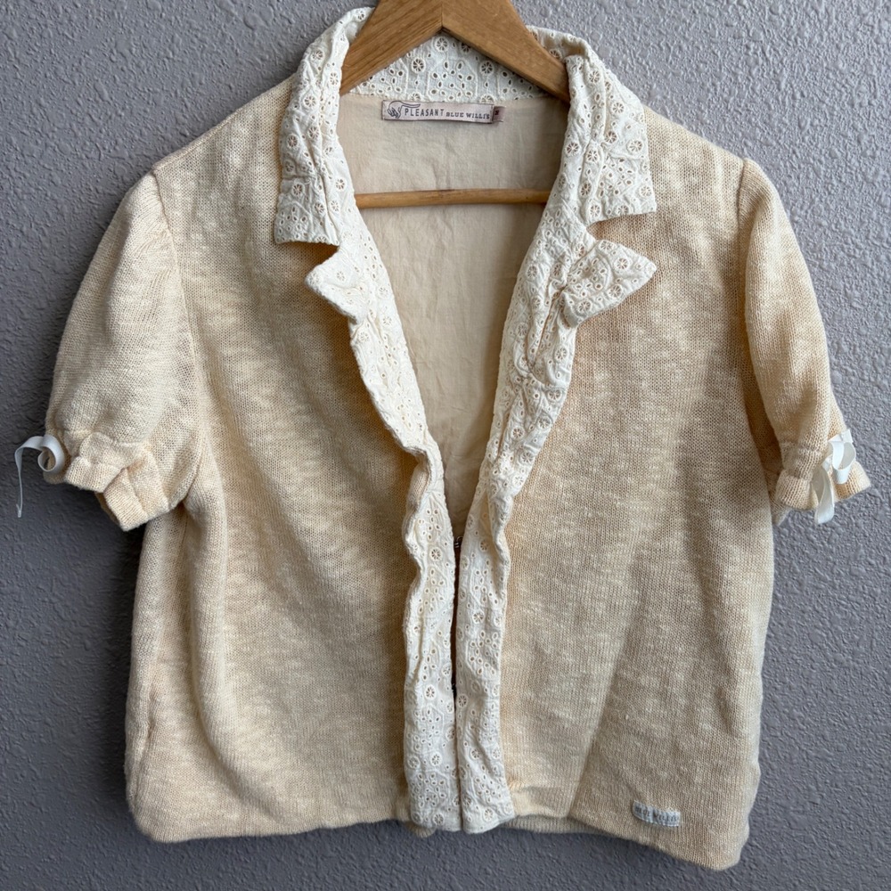 Blue Willi's Pleasant Cream Cotton Short Sleeve Cottagecore Sweater Cardigan M
